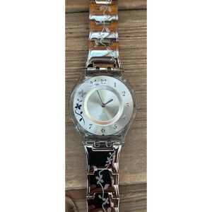Swatch Skin Floral Silver Dial Amber Resin Stainless Steel Slim Watch 34mm